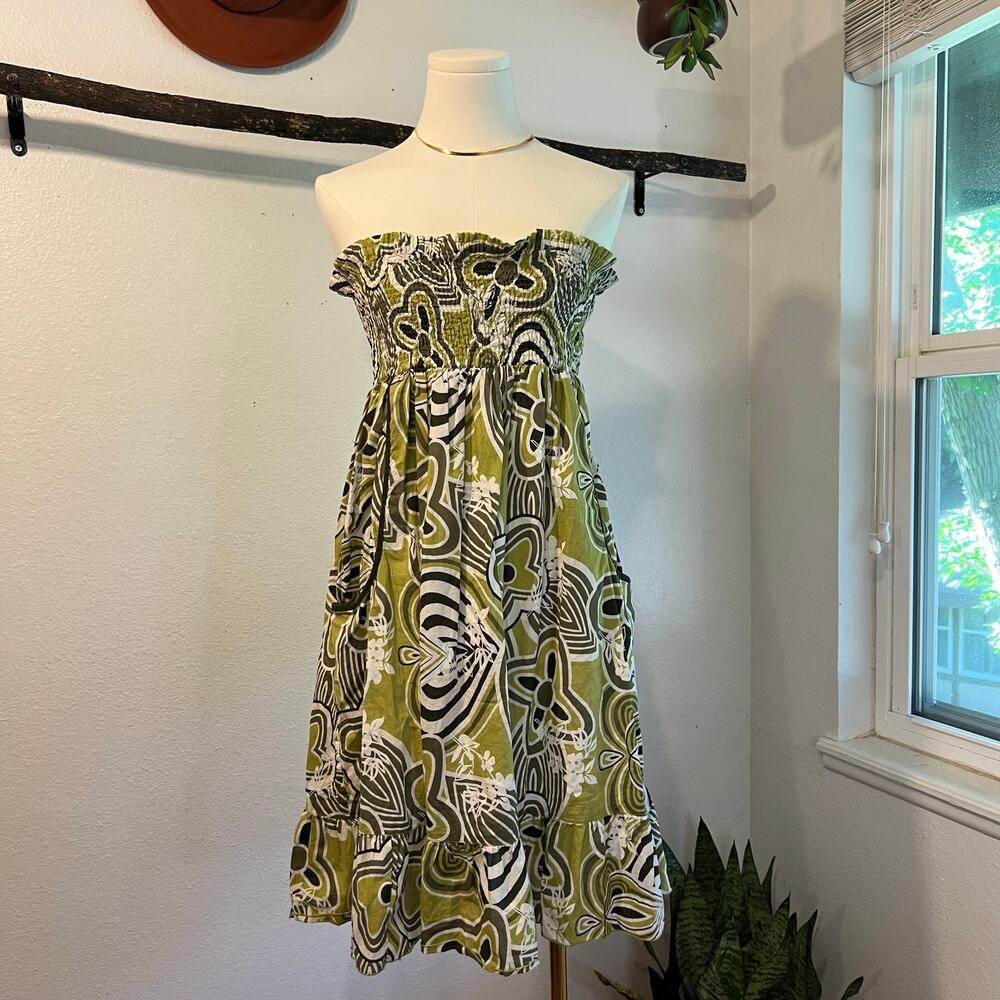 Speed Control Cotton Green & Brown Abstract Strapless Cotton Dress Size Large